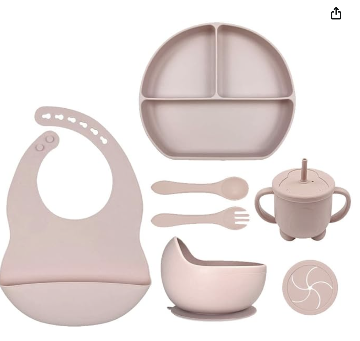 7pc Silicone Baby Feeding Set | No Mess Divided Suction Plate, Suction Bowl, Spoon and Fork, Silicone Bib and Sippy Cup with Snack Cup Attachment | BPA Free, Dishwasher Safe (Blush Pink) - Amazon